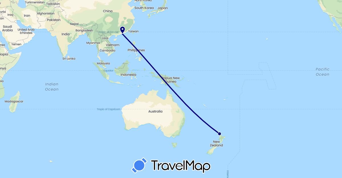TravelMap itinerary: driving in China, New Zealand (Asia, Oceania)